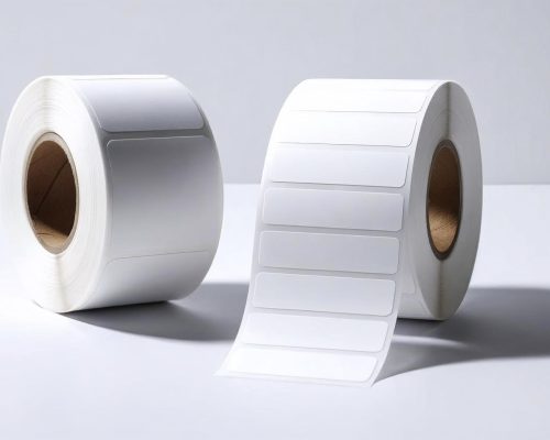 dos rollos de etiquetas blancas, uno con etiquetas grandes y el otro con etiquetas pequeñas. que un rollo este vertical y el otro horizontal. fondo 100� blanco
