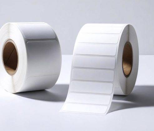 dos rollos de etiquetas blancas, uno con etiquetas grandes y el otro con etiquetas pequeñas. que un rollo este vertical y el otro horizontal. fondo 100� blanco